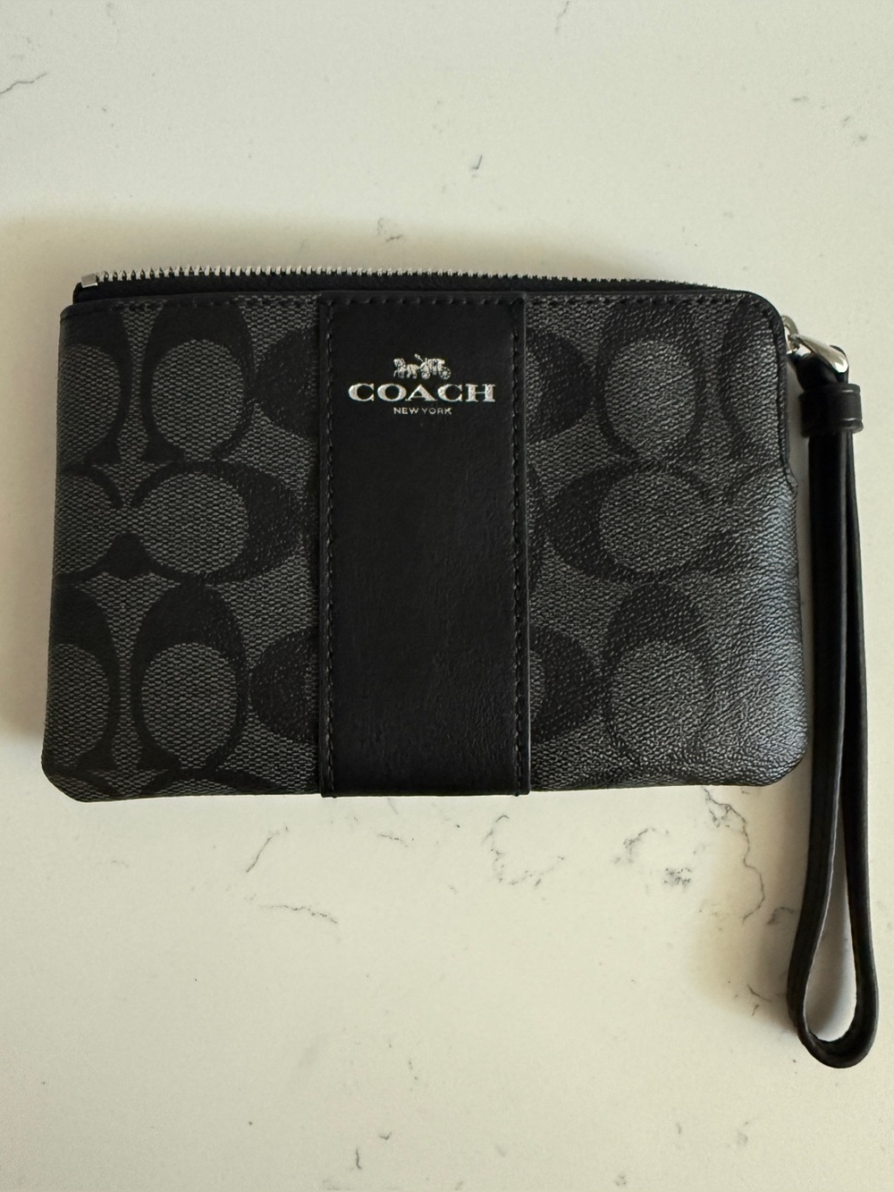 Coach Black Signature Wristlet with Leather Strap in Graphite and Black